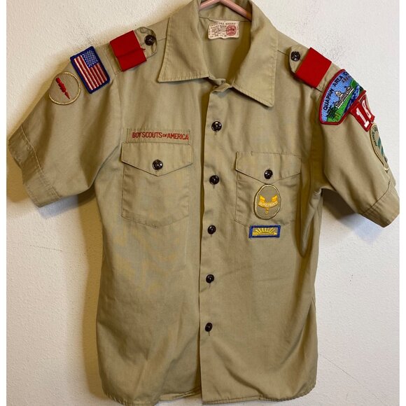 Vintage Boy Scouts BSA Uniform Shirt Youth XL 14 Short Sleeve Button Up Patches - Picture 1 of 4